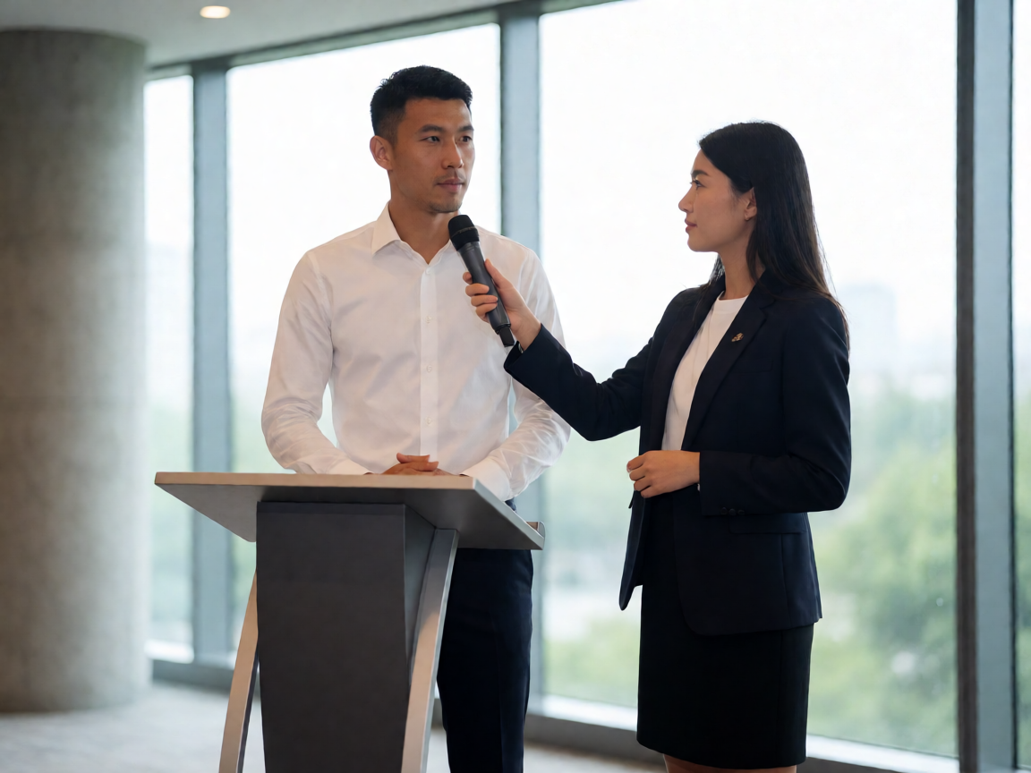 足球转会新闻发布现场，记者正在采访球员代表