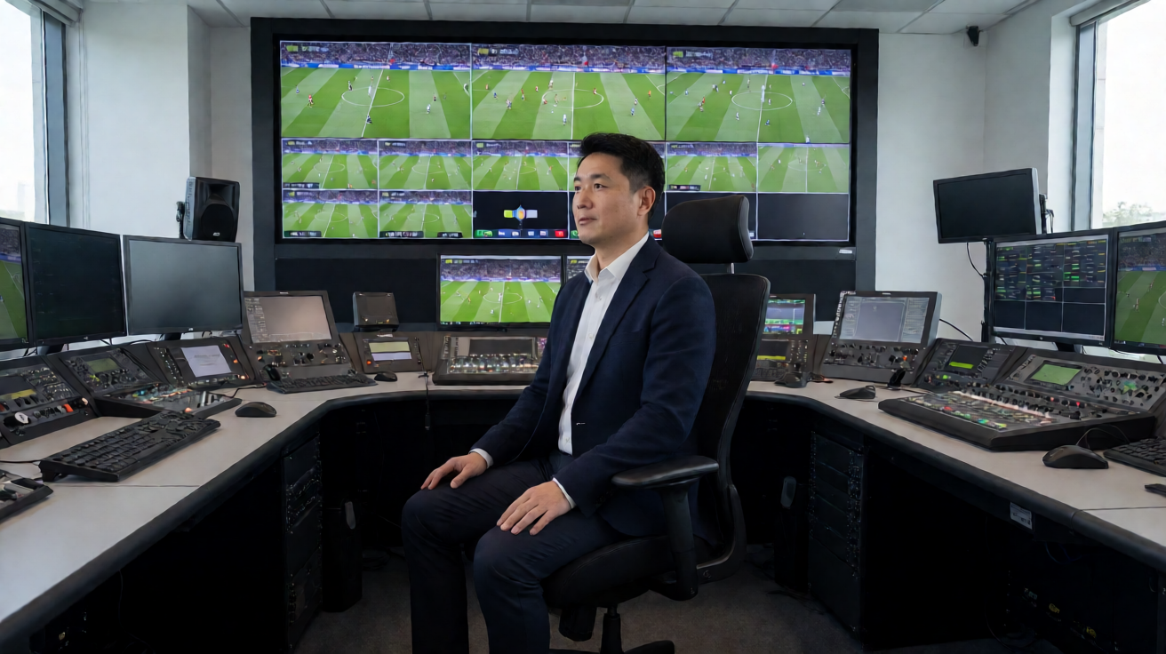 专业体育直播演播室，导播正在切换多路赛事画面